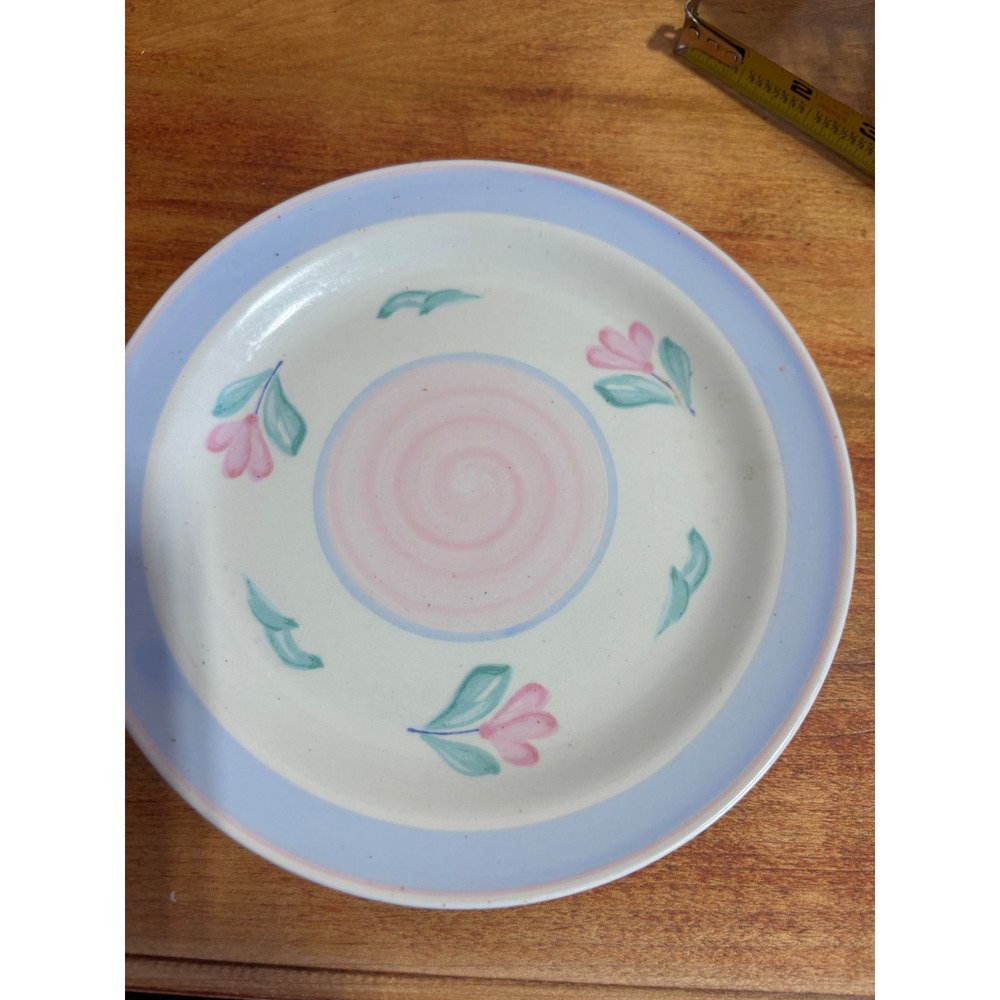 Gibson China Salad Plate Pink Floral Blue Rim Hand Painted Style 8.25 Inch
